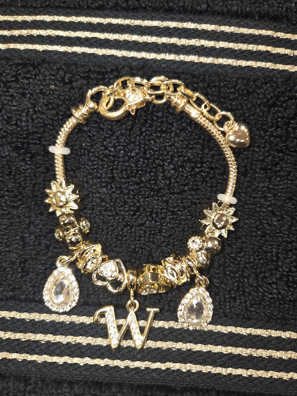 Gold Charm Bracelet with Crystal Teardrops and 'W' Initial